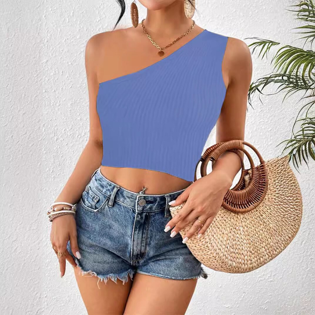 Women's Cropped One-shoulder Diagonal Collar Knitted Vest - Image 3