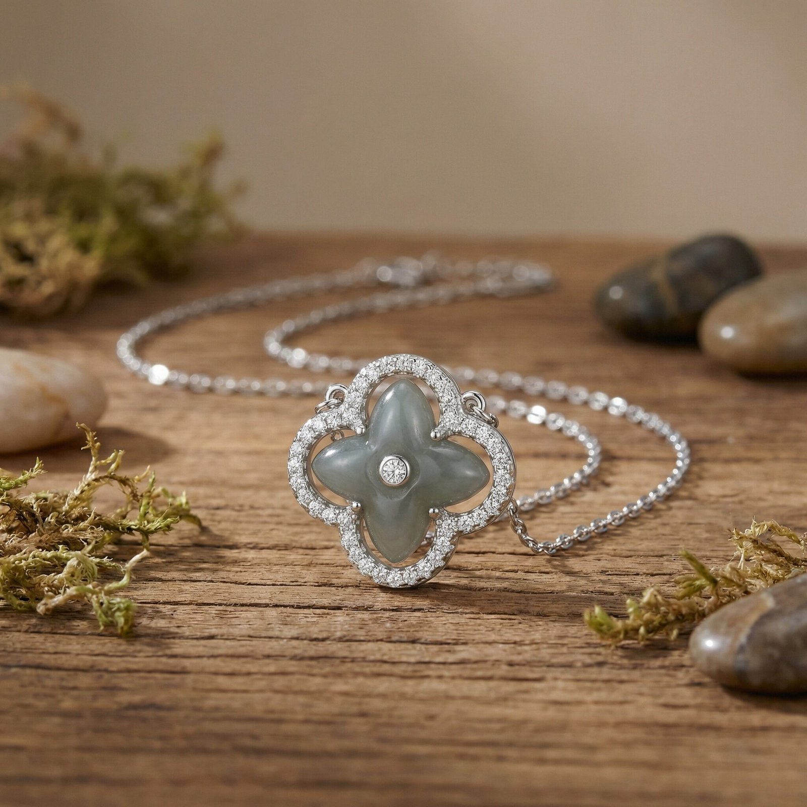 925 Sterling Silver Elegant Green Jade and Diamond Four-Leaf Clover Pendant Necklace
