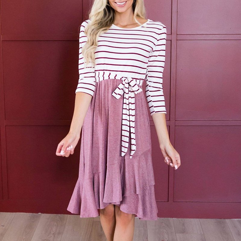 Striped Long-Sleeved Stitching Lace Casual Irregular Dress - Image 3