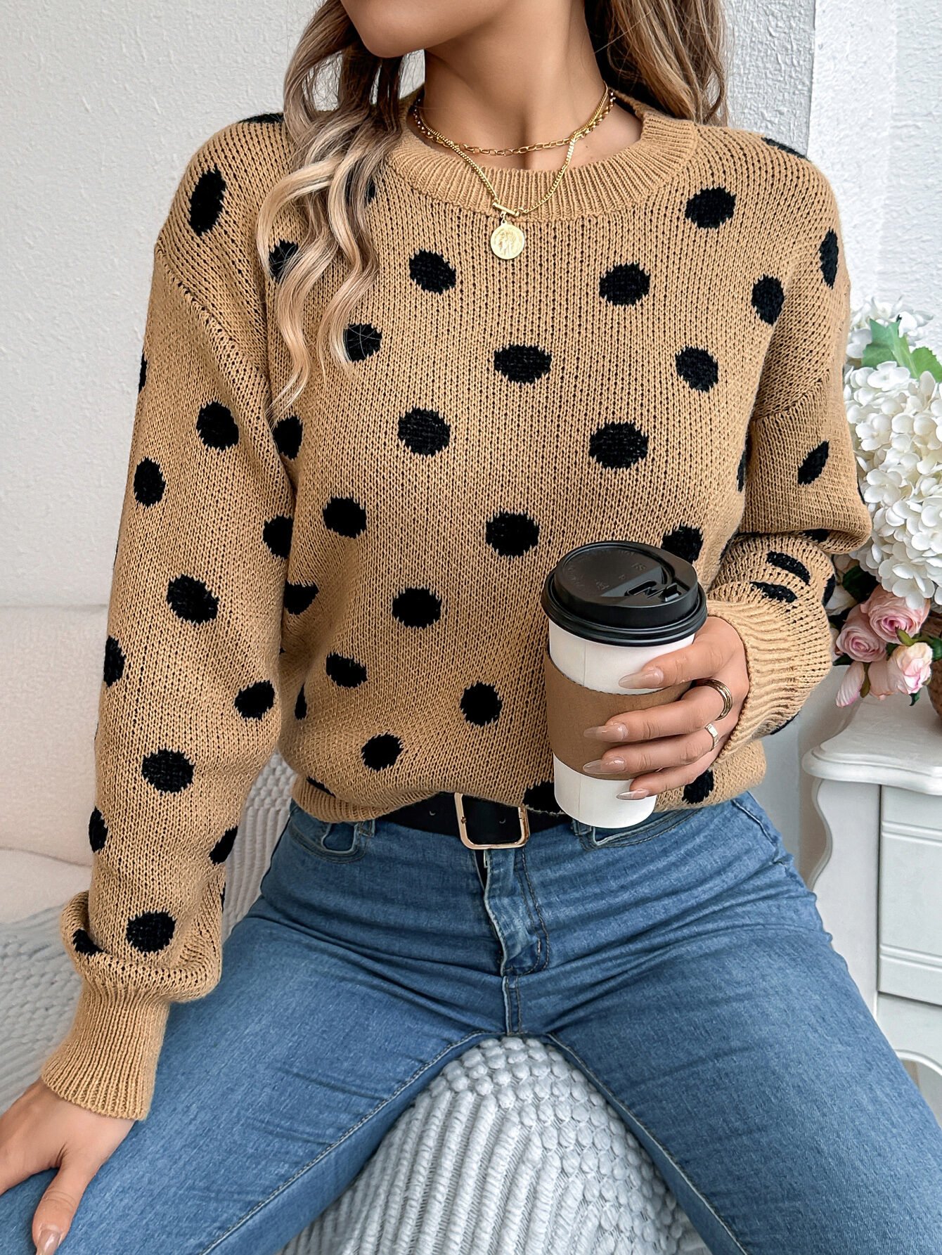 Casual Color Block Polka Dot Long Sleeve Pullover Sweater - Image 12