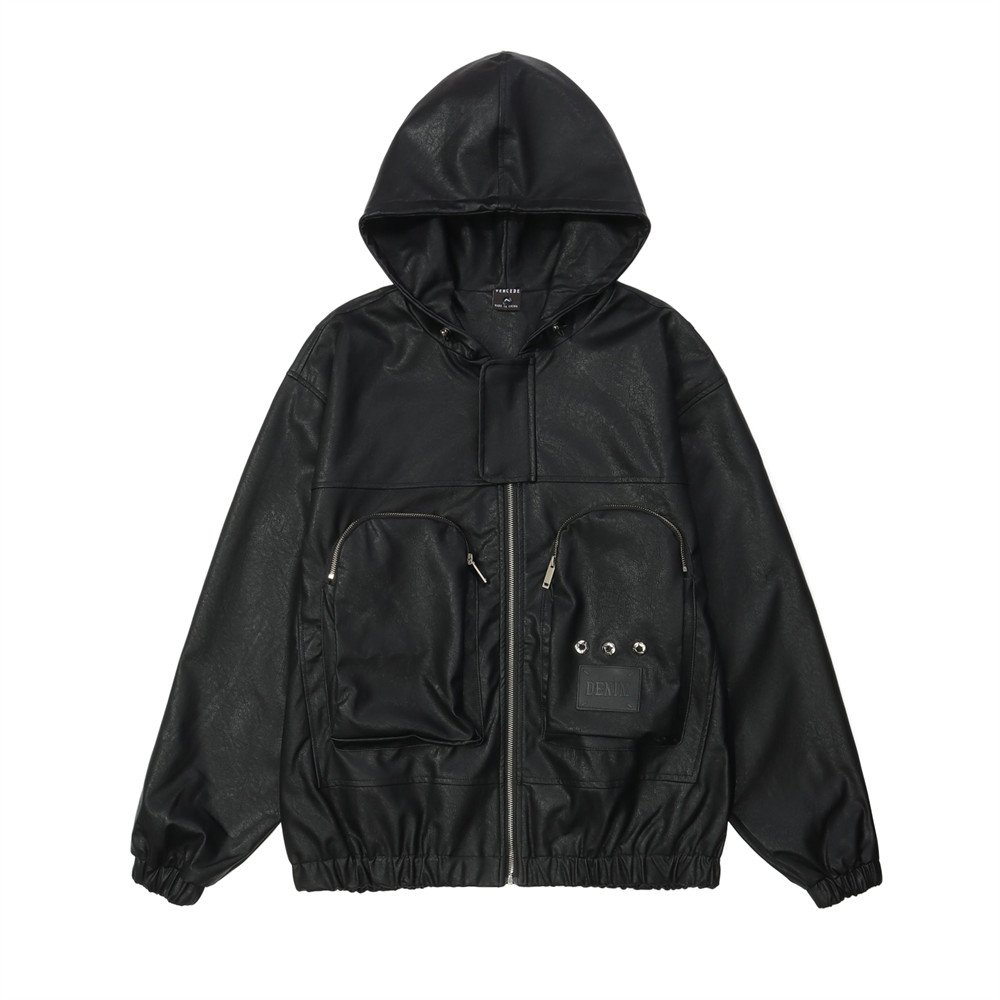 Dark Motorcycle Style Hooded Leather Jacket Men - Image 4