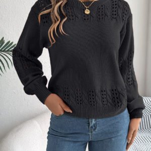 Women Casual Solid Color Hollow Out Lantern Sleeve Pullover Sweater