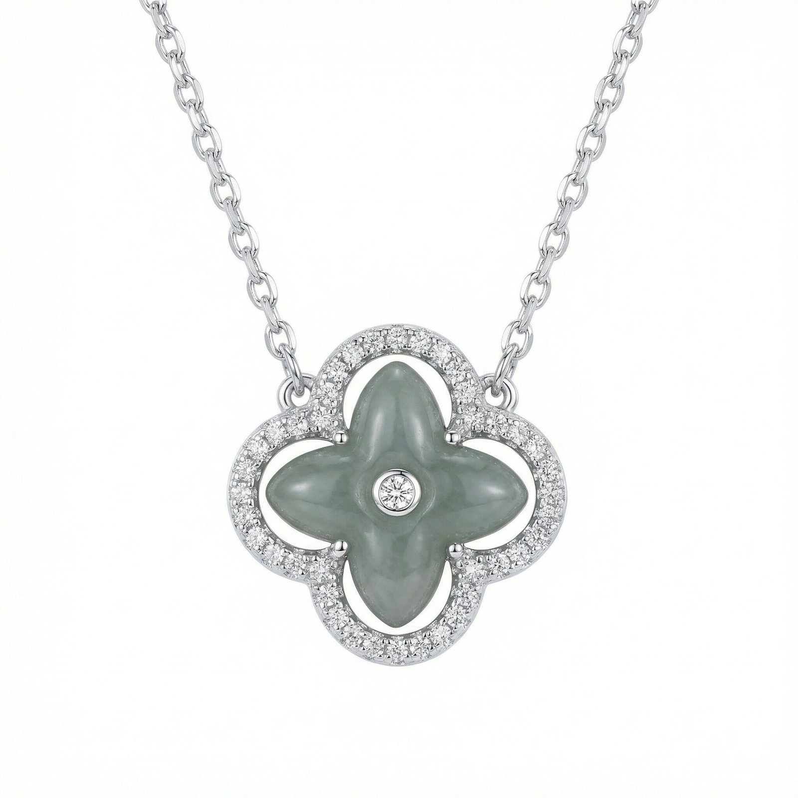 925 Sterling Silver Elegant Green Jade and Diamond Four-Leaf Clover Pendant Necklace - Image 2