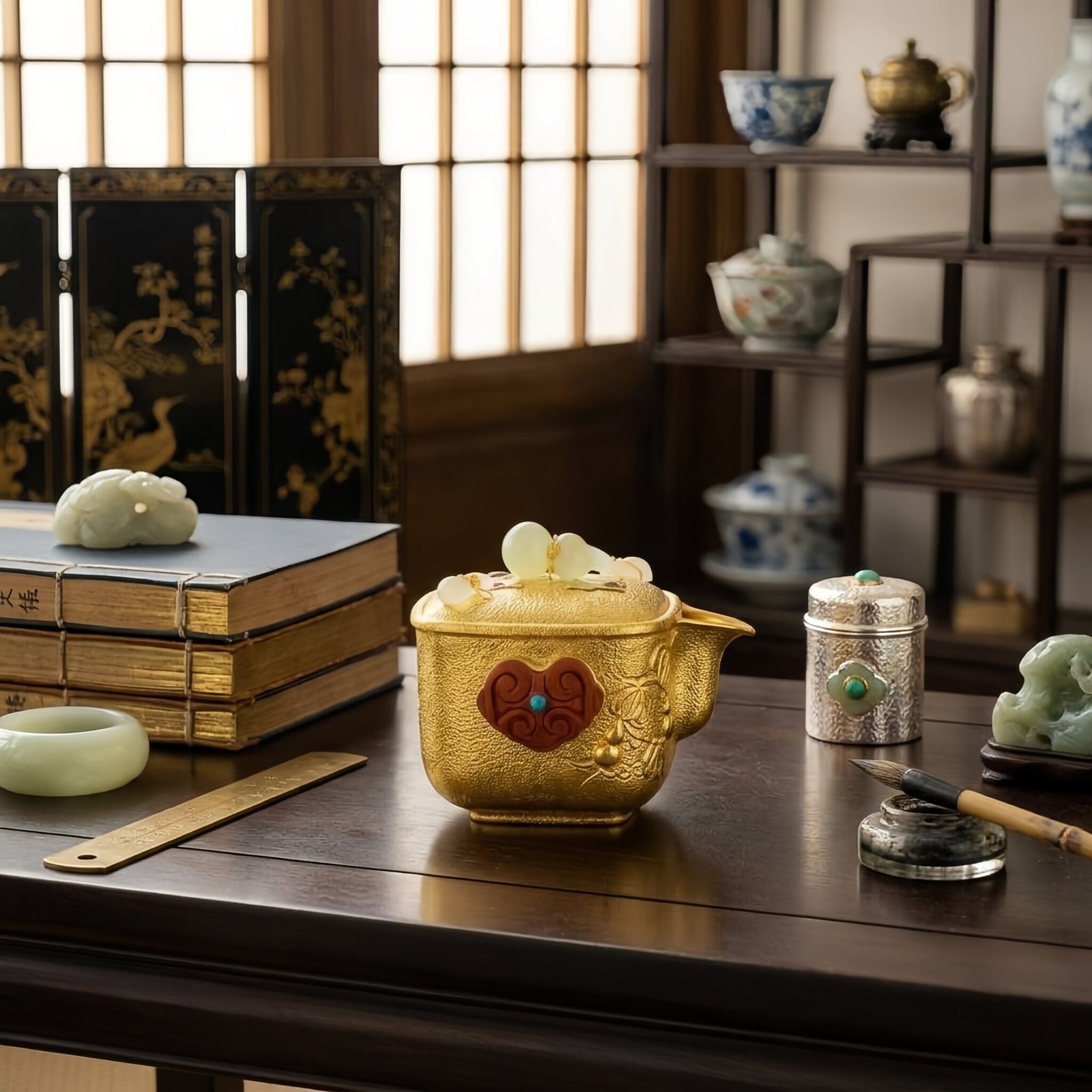 Pure 999 Fine Silver Handcrafted Gilt Square Teapot Featuring Jade Gourd Finials and Carved Cinnabar Ruyi Ornament - Handicraft - Image 2