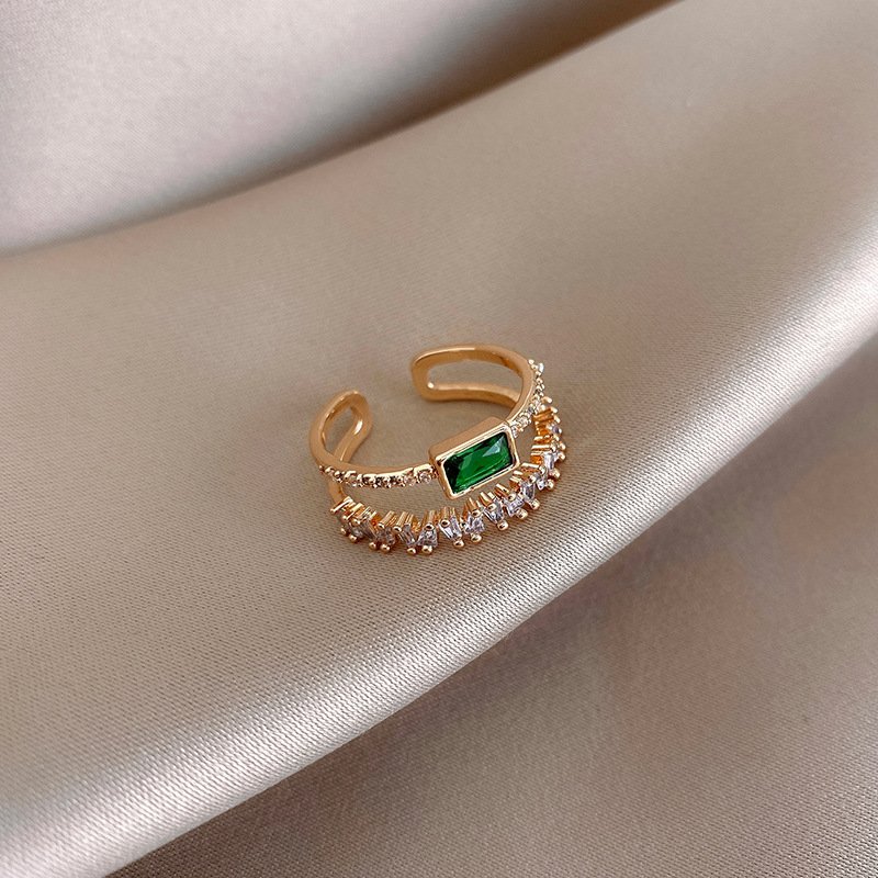 Retro Malachite Green Diamond Double-layer Ring Female Ins Tide Niche Index Finger Ring Simple Temperament Net Red - Image 2