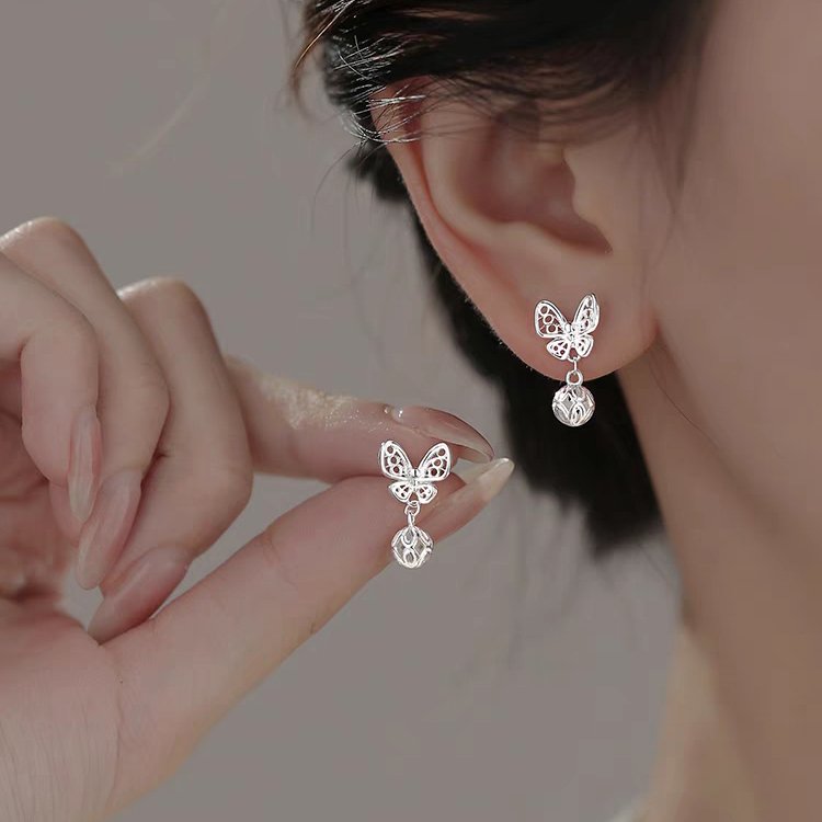 1 Pair 999 Sterling Silver Filigree Hollow Butterfly Palace Bell Stud Earrings, Retro & Elegant, Perfect For Daily, Dating & Gifting, Ideal Valentine's Gift - Image 2