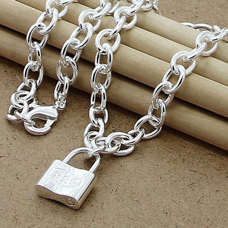 Silver Plated Shrimp Clasp Square Lock Necklace - Image 2