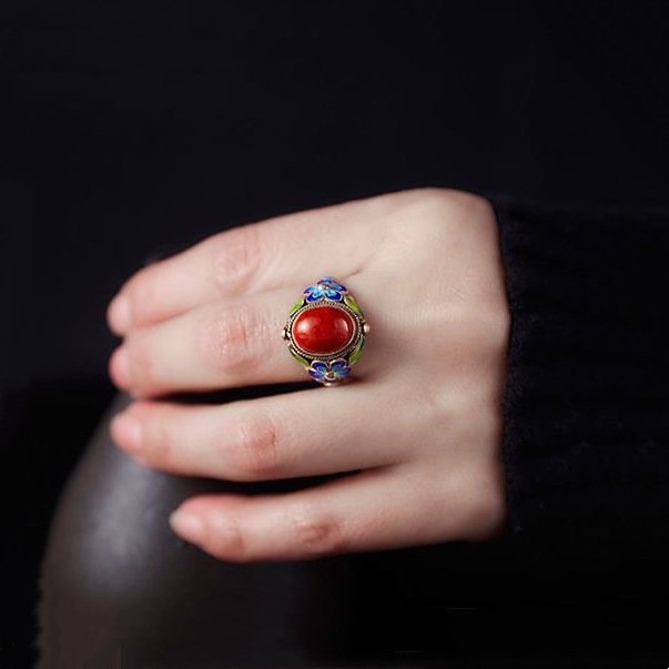 Agate Burnt Blue Pattern Cloisonne Ring For Women - Image 2