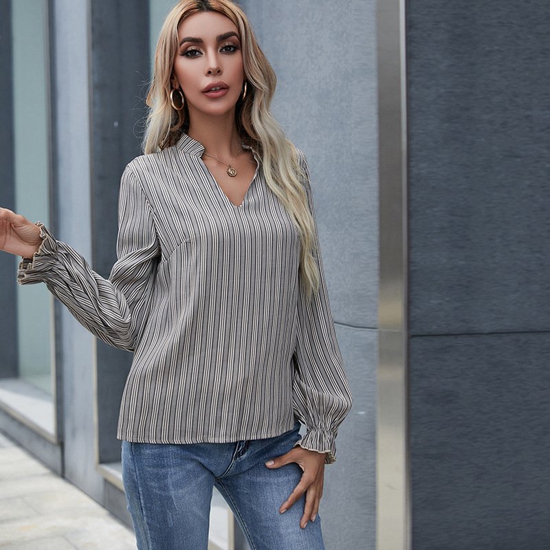 Striped V-neck Women's Original Loose Long-sleeved Shirt - Image 2