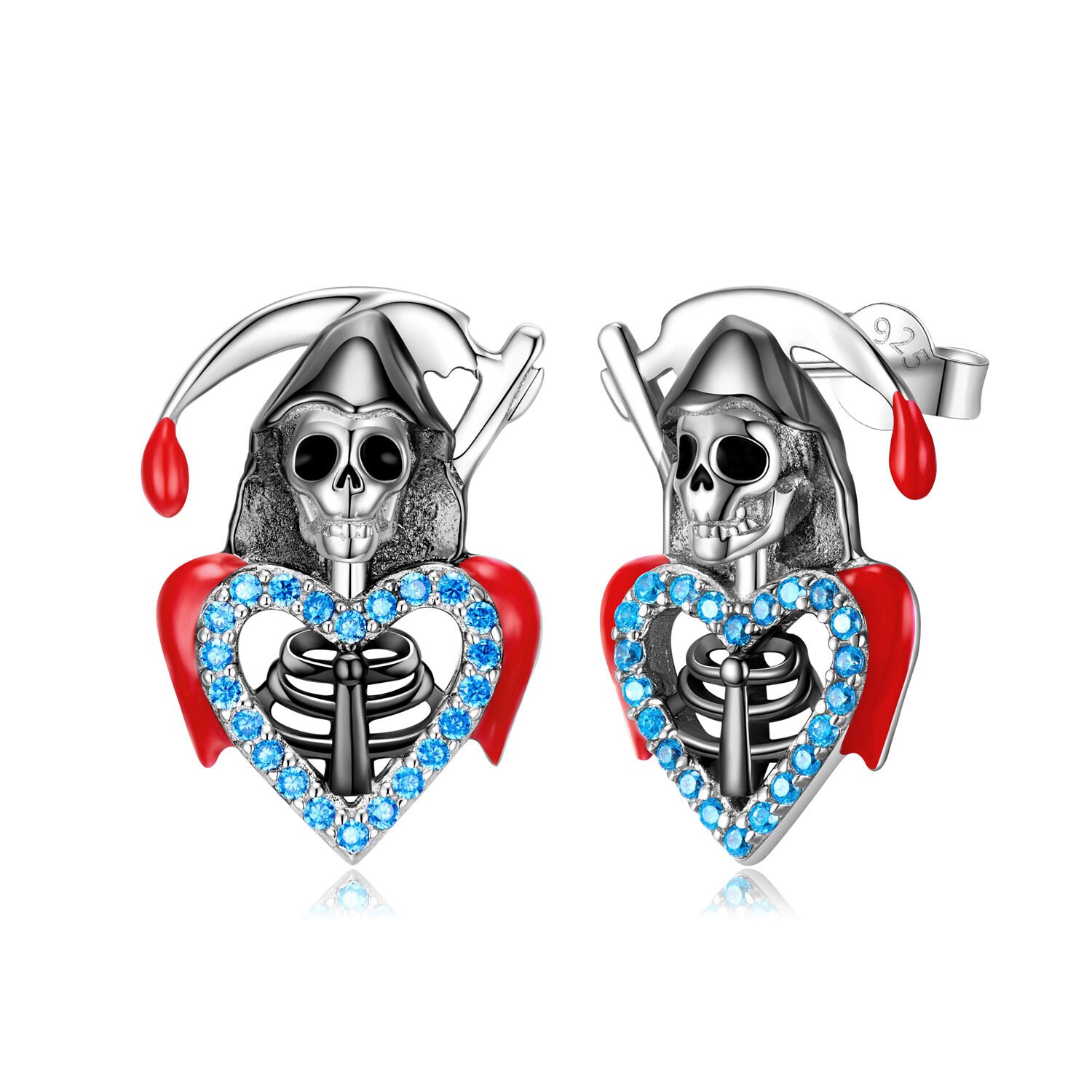 S925 Sterling Silver Death Skull Ear Studs With Zirconium Drop Glue - Image 2