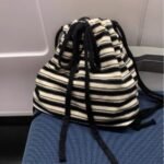 Fashion Black White Striped Drawstring Backpack Ins Lazy Style Large Capacity Canvas Bags Women Cute Campus Schoolbag For Girls