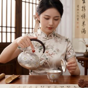 Pure 999 Fine Silver Handcrafted Silver Teapot with Intricate Floral Engravings and Red Stone Finial - Handicraft
