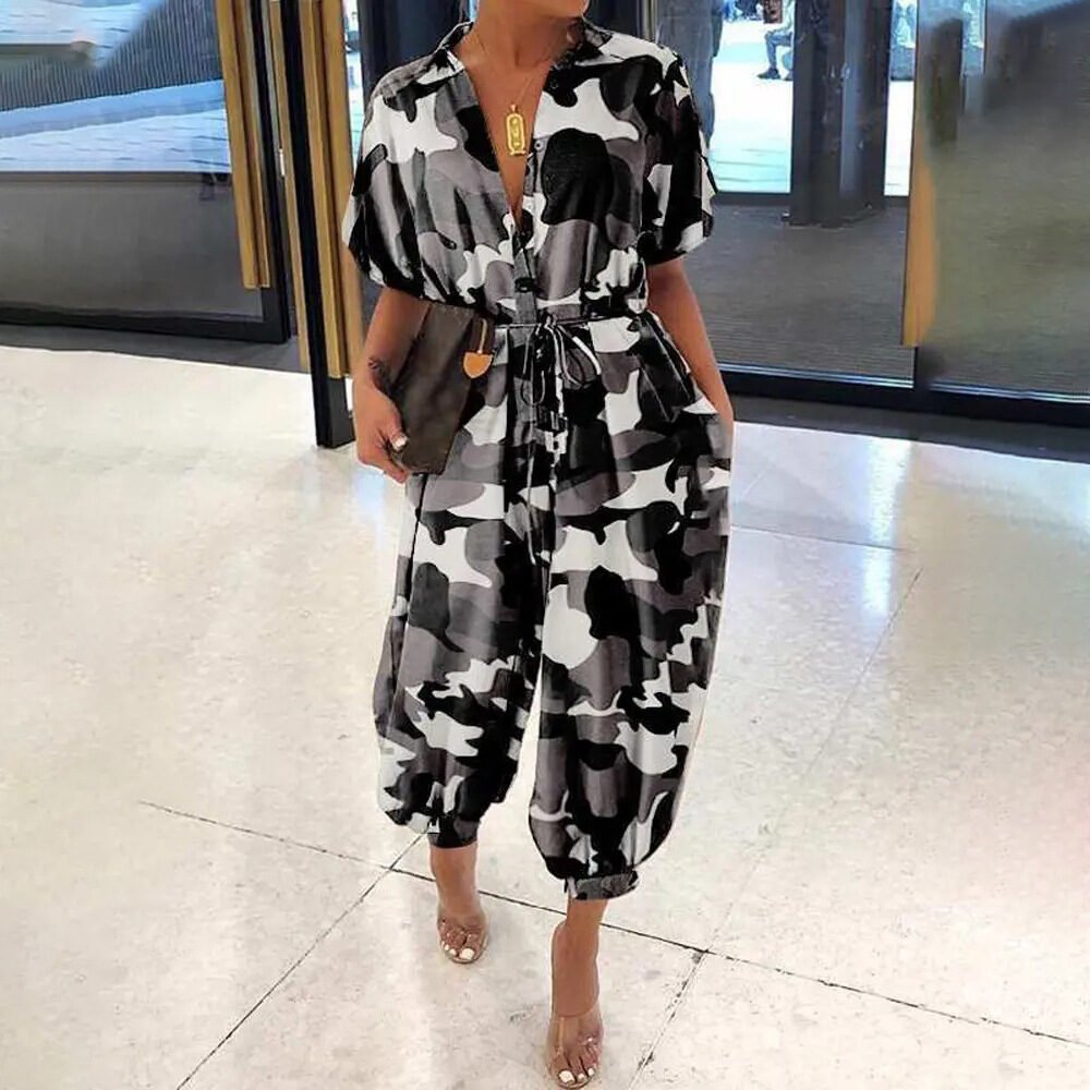 Women's Camo Short Sleeve Lapel High Waist Casual Loose Jumpsuit - Image 2
