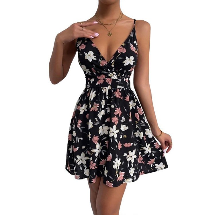 European And American Women's Elegant Suspender Skirt V-neck Pullover Sleeveless Print Dress - Image 11