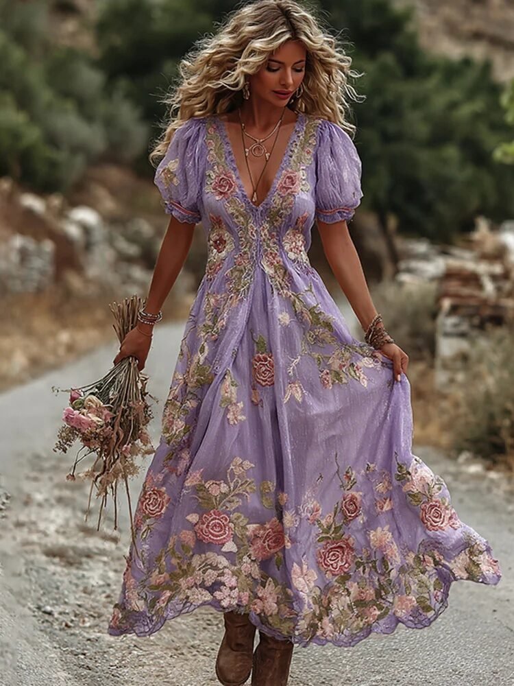 Retro Bohemian Rose Embroidered Linen Loose-Fit Long Dress - Image 10