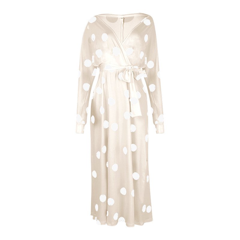 Polka Dot Print Long Sleeve V Neck Off Shoulder Dress - Image 12