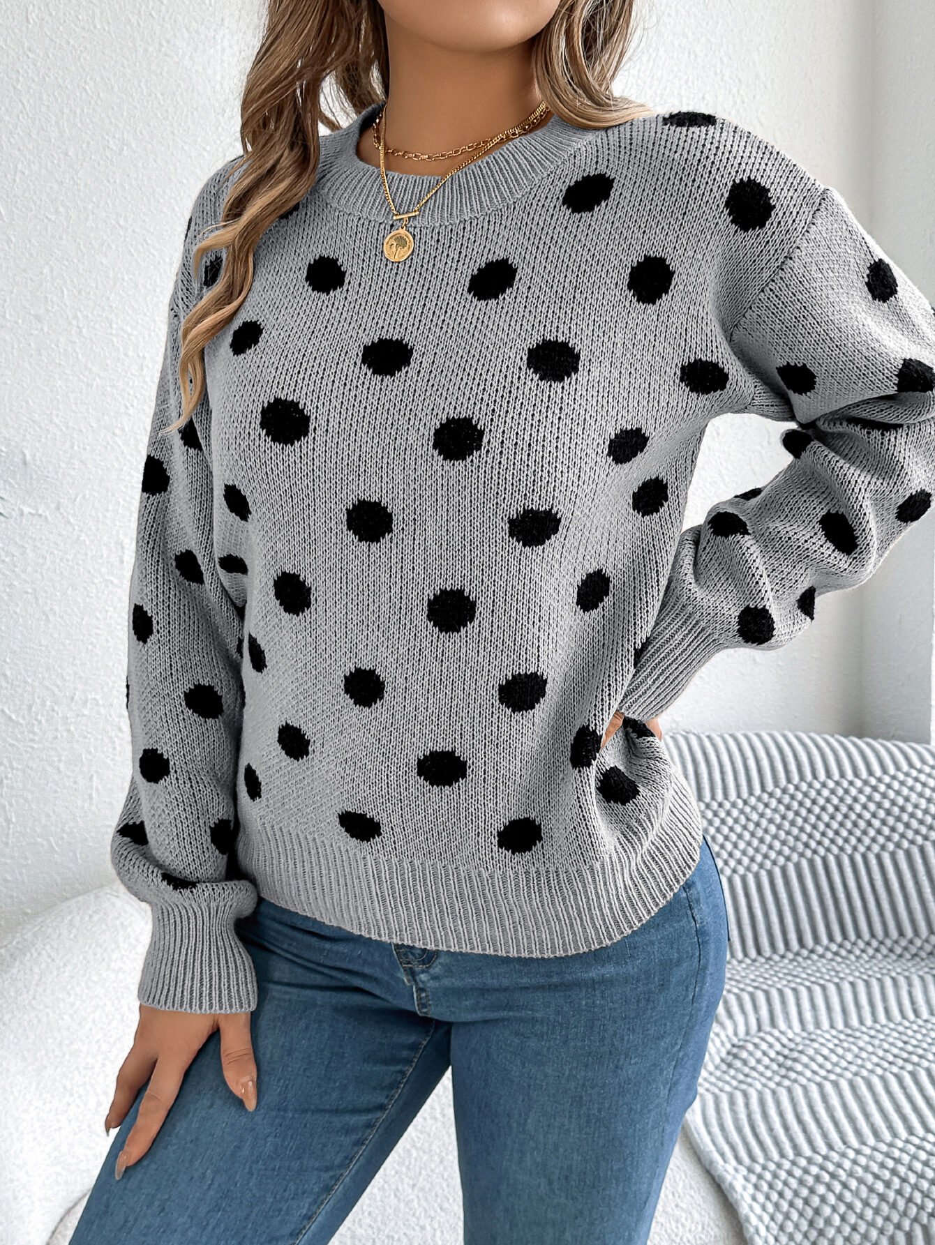 Casual Color Block Polka Dot Long Sleeve Pullover Sweater - Image 8