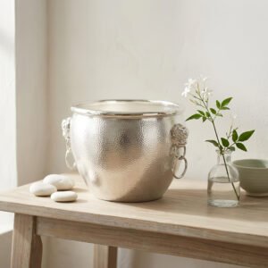 925 Sterling Silver Luxury Silver Hammered Wine Bucket with Ornate Lion Head Ring Handles - Handicraft