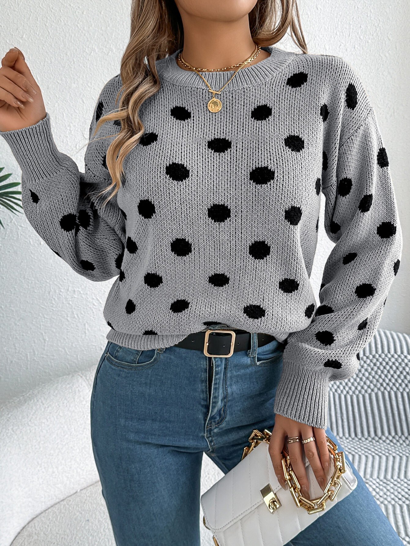 Casual Color Block Polka Dot Long Sleeve Pullover Sweater - Image 7