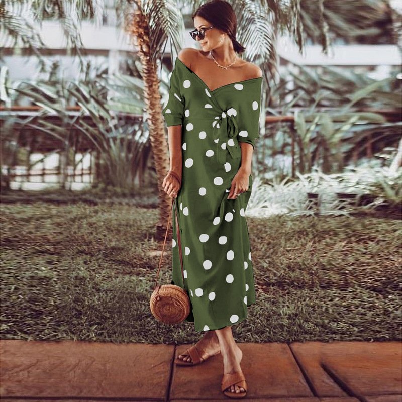 Polka Dot Print Long Sleeve V Neck Off Shoulder Dress - Image 17
