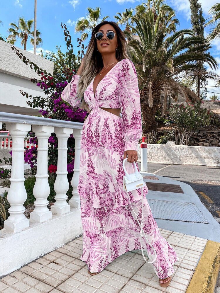 Women's Clothing Printing Fashionable Long V-neck Long-sleeved Temperament Dress - Image 2