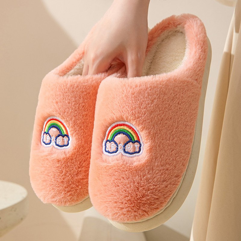 Kawaii Rainbow Embroidered Slippers Warm Slip On Plush Shoes Couple Indoor Home Slippers Winter - Image 4