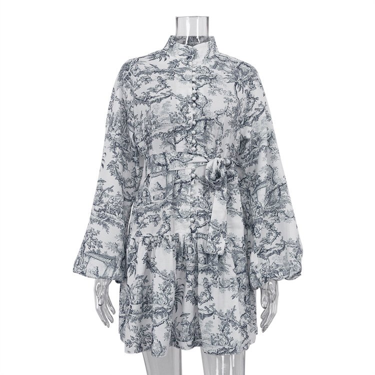 Ink Print Long Sleeve Short Dress With Fashion Puffy Sleeve Lapel Tie A-Line Dress Clothing - Image 5