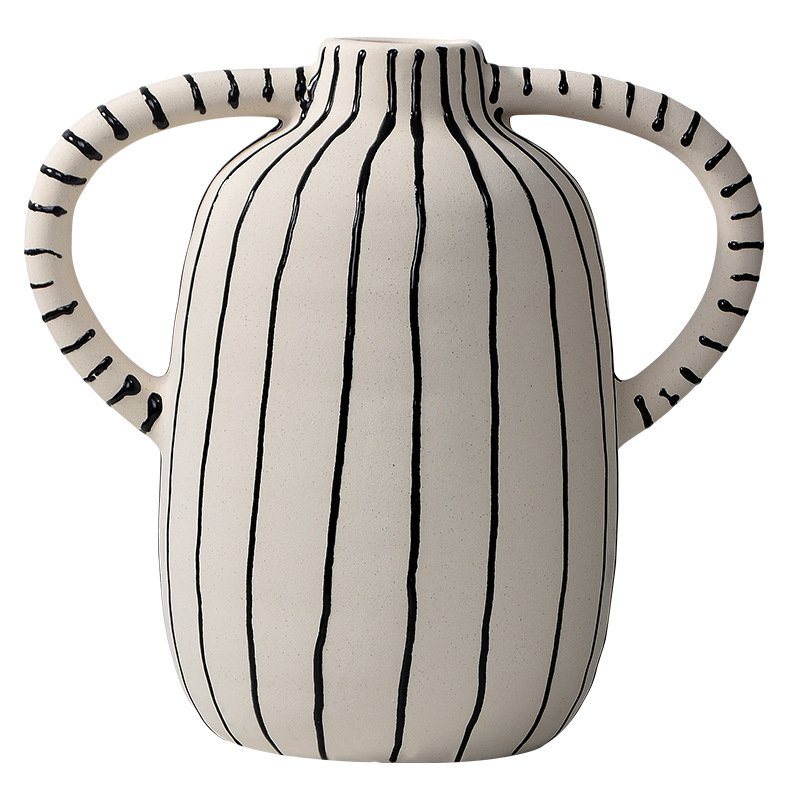 Modern Minimalist Hand-Painted Striped Ceramic Vase With Two Handles - Image 5