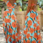New European And American Print Suspender Open Back Slit Dress