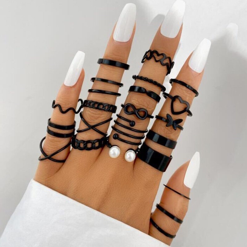 Hollow Heart Geometric Butterfly Leaf Ring Suit - Image 5