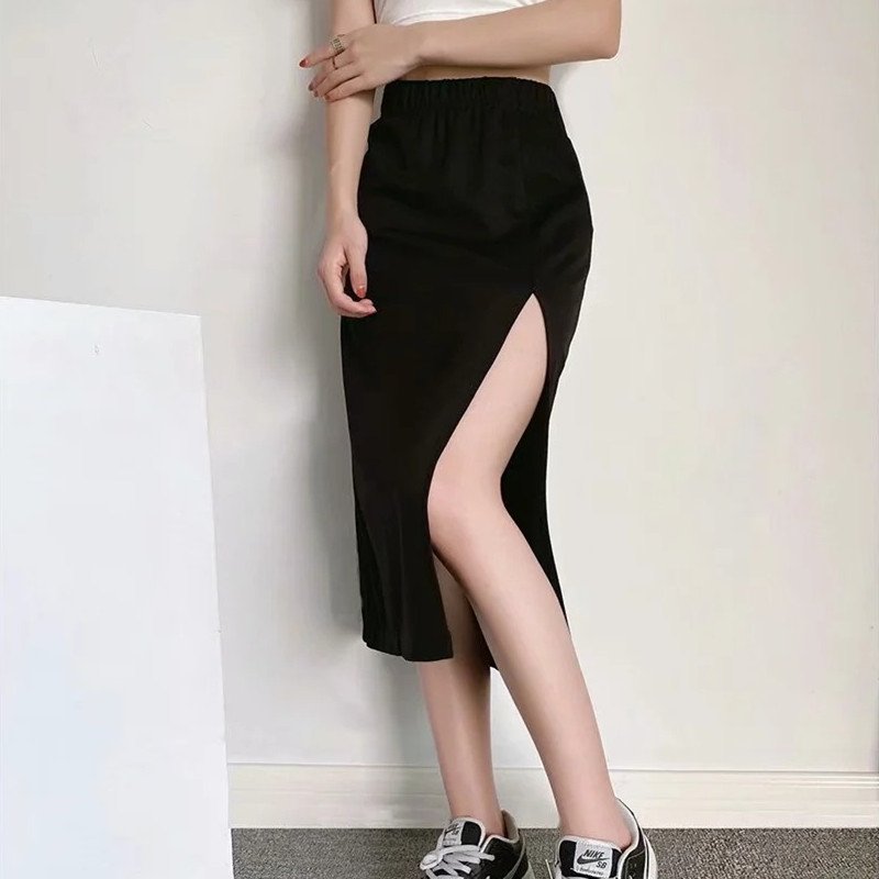 Women's Solid Color High Slit Mid-Length Bag Hip Skirt - Image 3