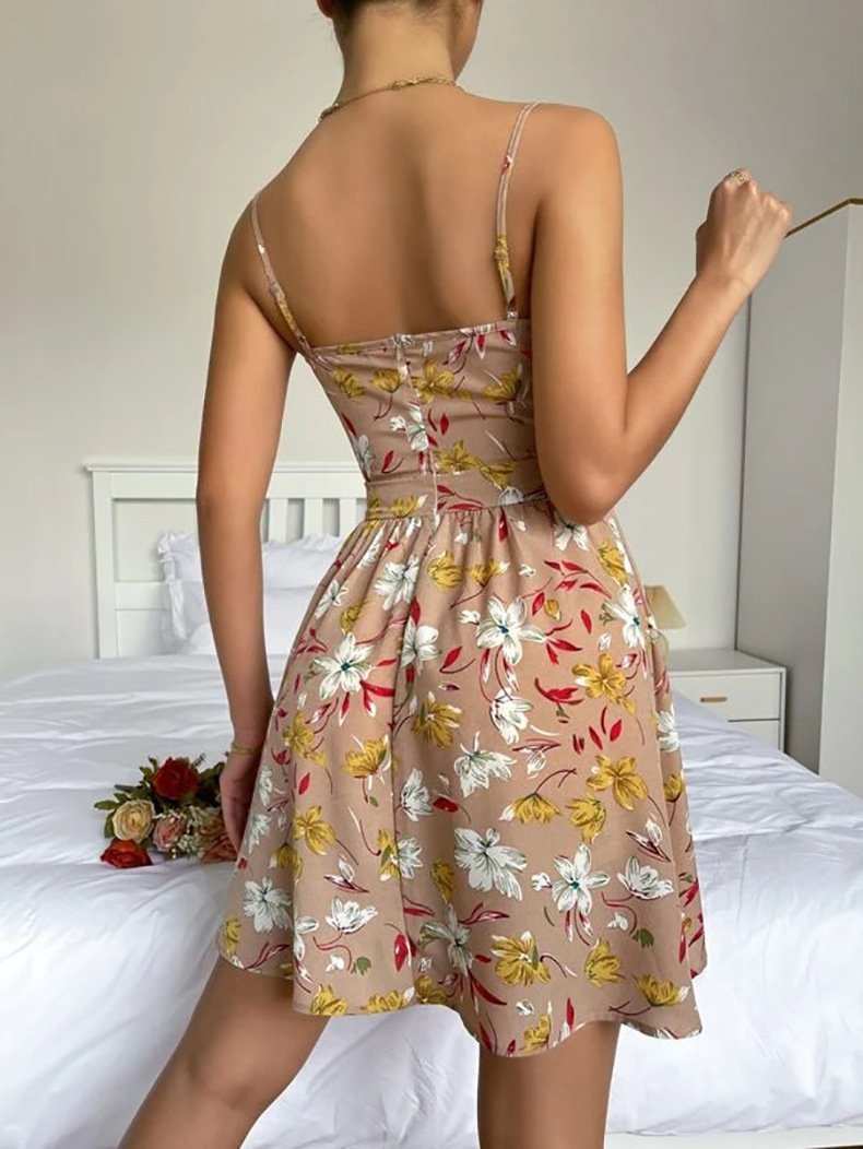 European And American Women's Elegant Suspender Skirt V-neck Pullover Sleeveless Print Dress - Image 4