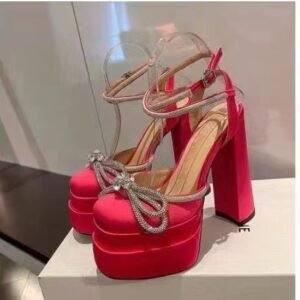 Women's Square Toe Heel Double Platform Thick High Heel Bow Large Size Hollow Sandals