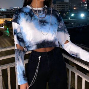 Broken Sleeve Tie Dye Print Fashion Street Long Sleeve Navel Loose T-Shirt Top