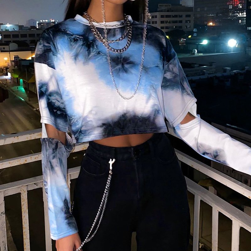 Broken Sleeve Tie Dye Print Fashion Street Long Sleeve Navel Loose T-Shirt Top