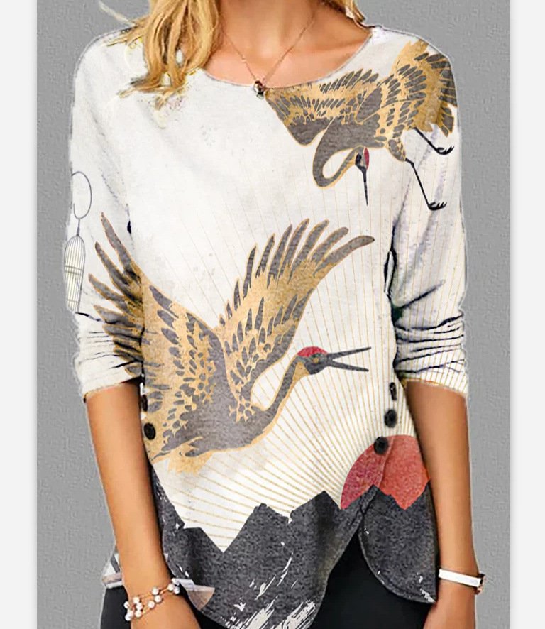 Women's Round Neck Printed Long Sleeve Bottoming Shirt - Image 5