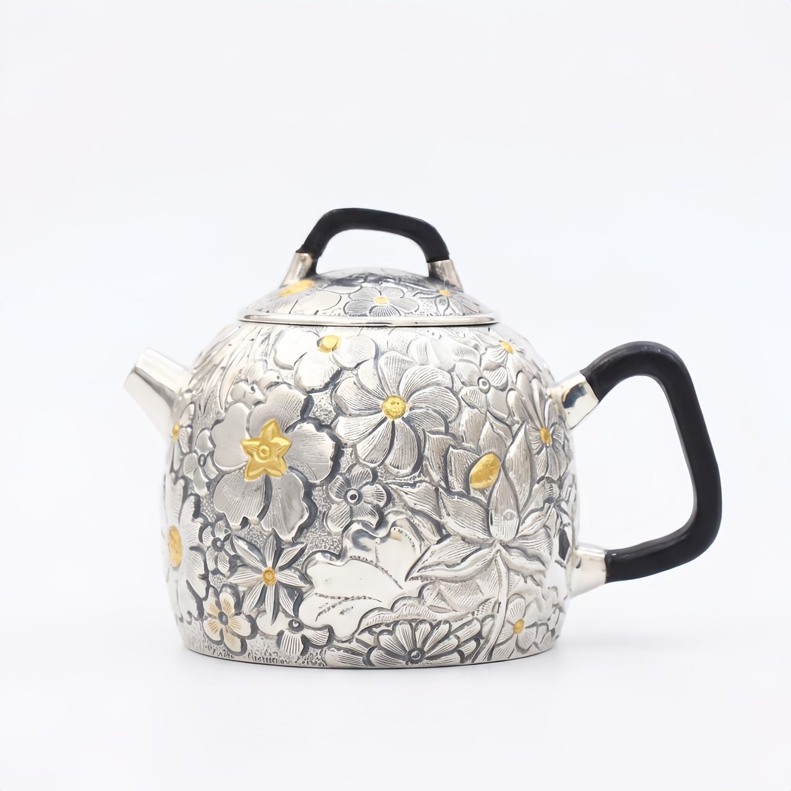 Pure 999 Fine Silver Ornate Silver Tea Vessel Featuring Floral Reliefs and Sleek Black Handles - Handicraft - Image 3