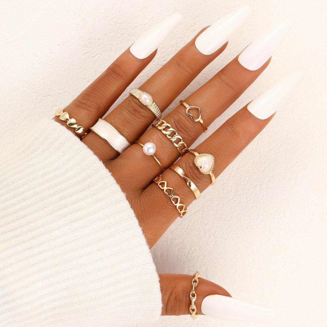 Hollow Heart Geometric Butterfly Leaf Ring Suit - Image 15