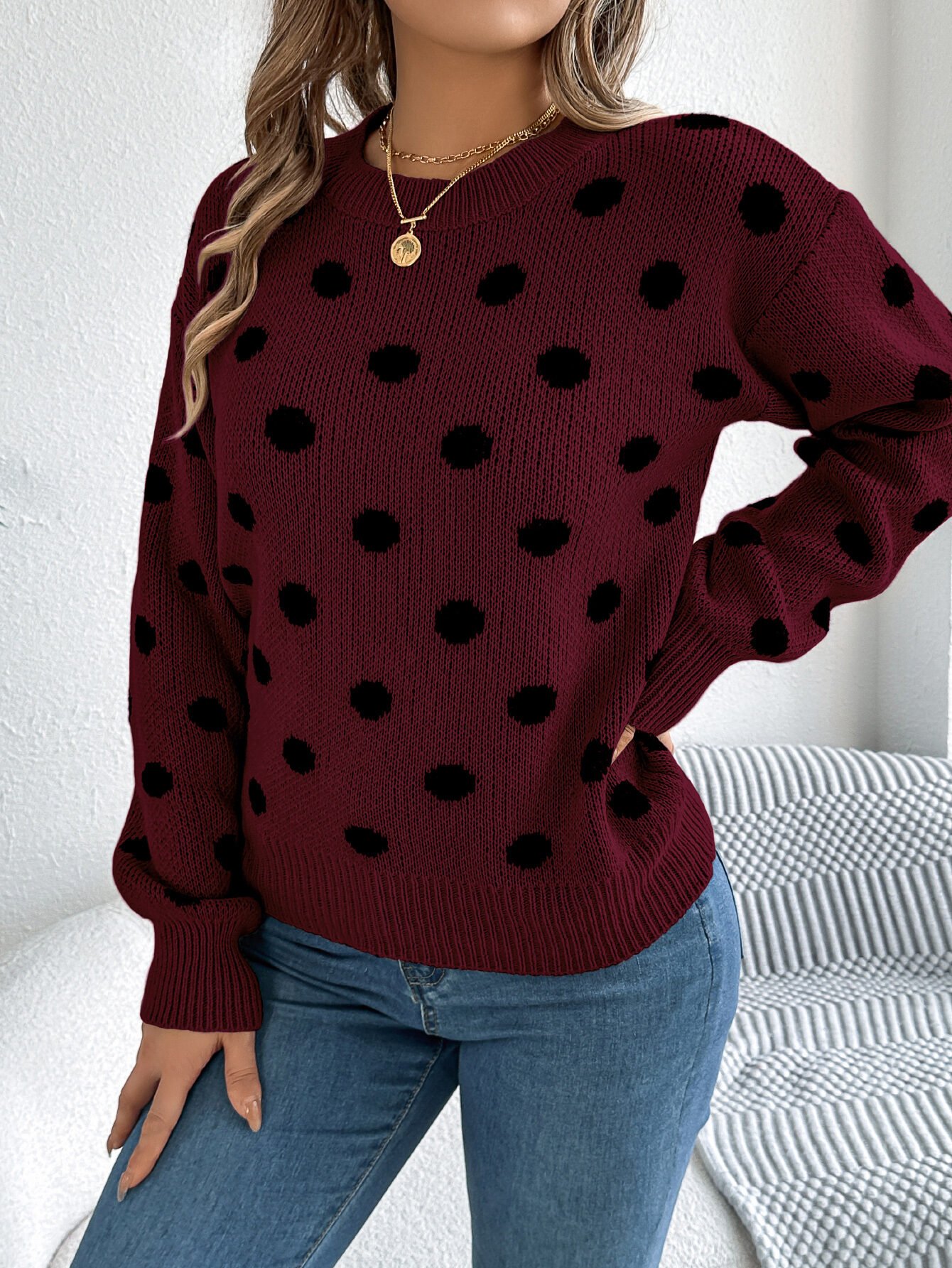 Casual Color Block Polka Dot Long Sleeve Pullover Sweater - Image 2