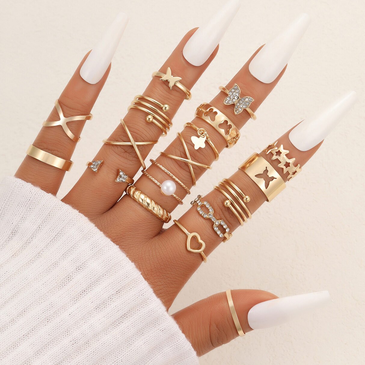 Hollow Heart Geometric Butterfly Leaf Ring Suit - Image 19