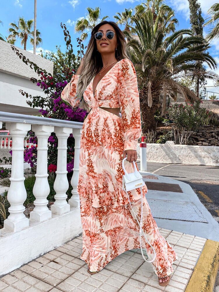 Women's Clothing Printing Fashionable Long V-neck Long-sleeved Temperament Dress - Image 3