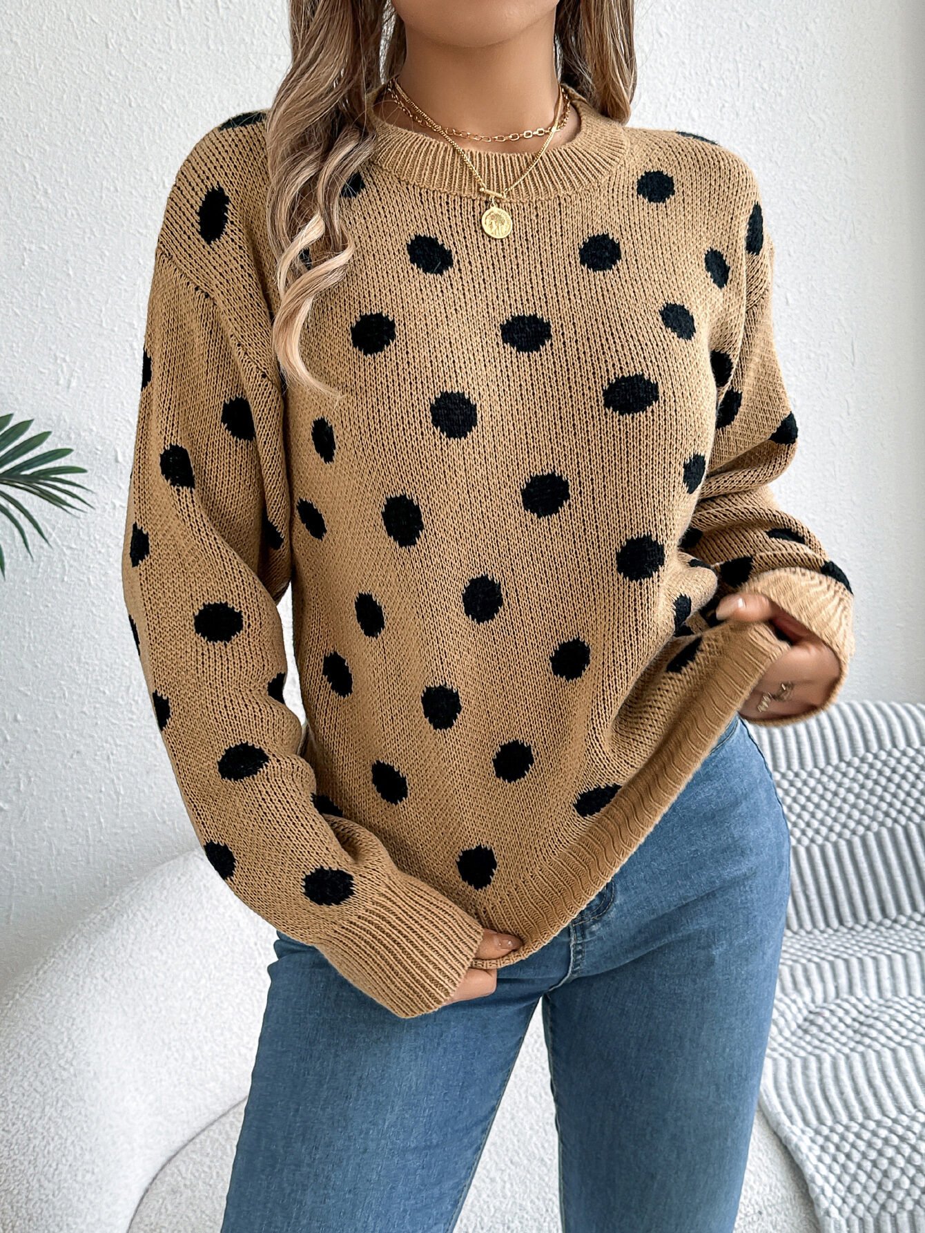 Casual Color Block Polka Dot Long Sleeve Pullover Sweater - Image 10