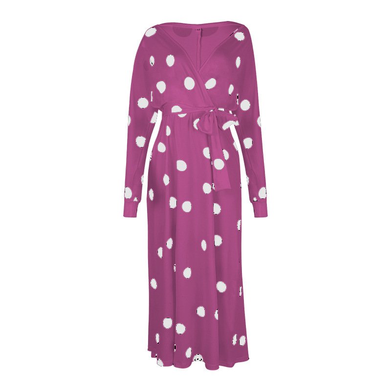 Polka Dot Print Long Sleeve V Neck Off Shoulder Dress - Image 23