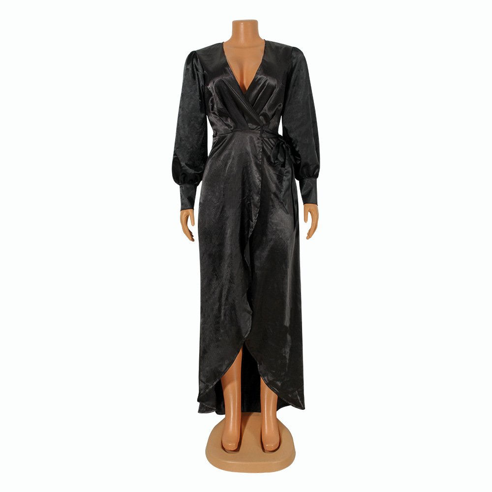 Fashionable V-Neck Silk Face Solid Color Lace Irregular Long Dress - Image 15