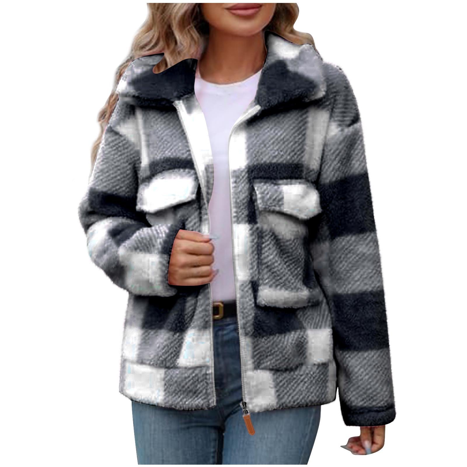 Double-Sided Polar Fleece Plaid Zip-Up Fluffy Coat - Image 2