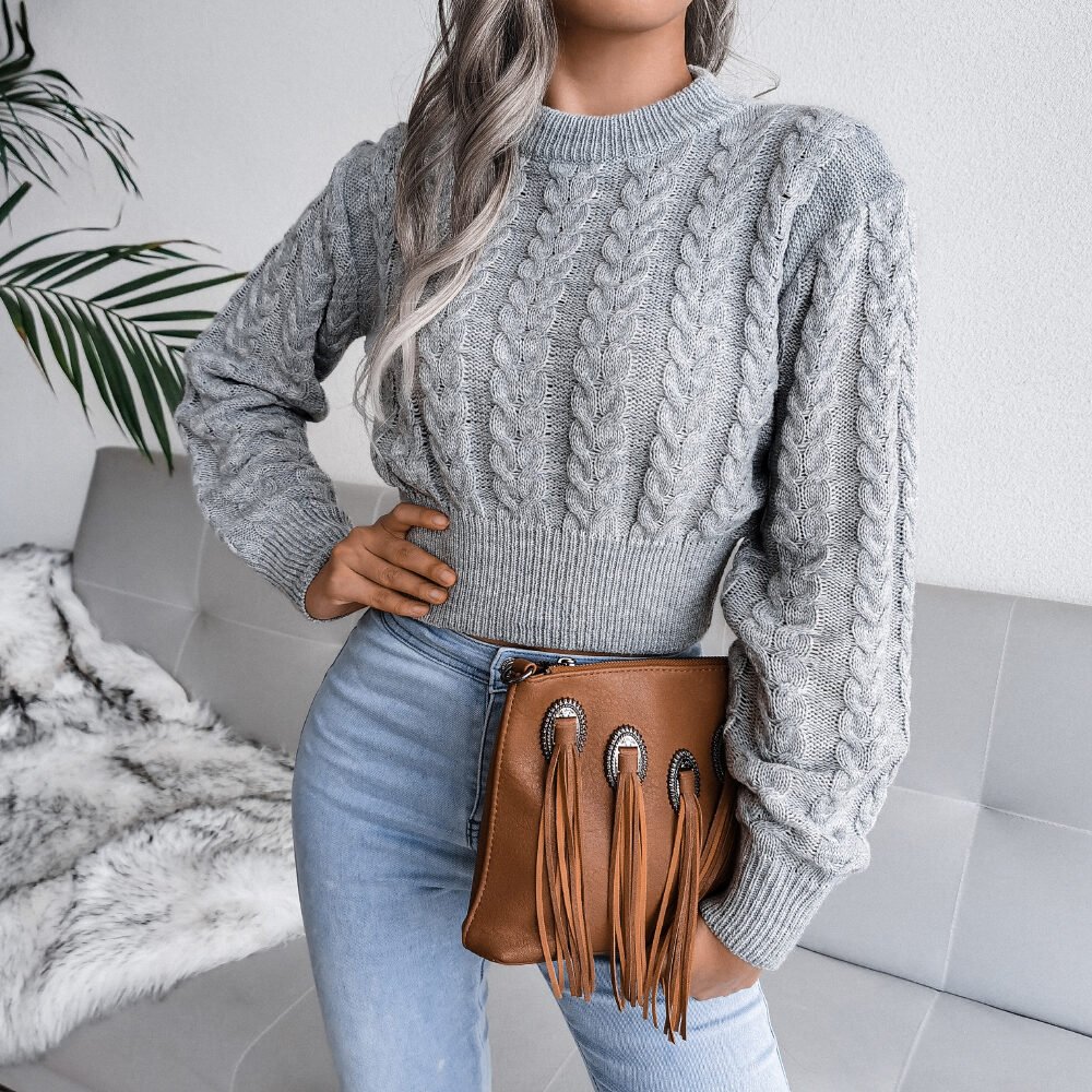 Cable Knit Waist Cinched Cropped Sweater - Image 6