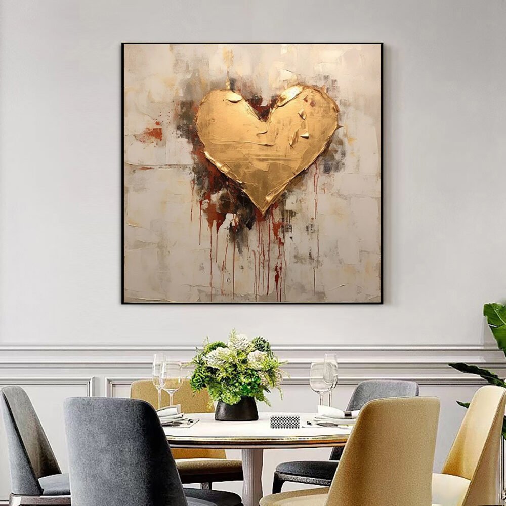 Abstract Hand Painted Painting Golden Foil Heart Painting Canvas Oil Painting Modern Texture Wal Art Picture - Image 3