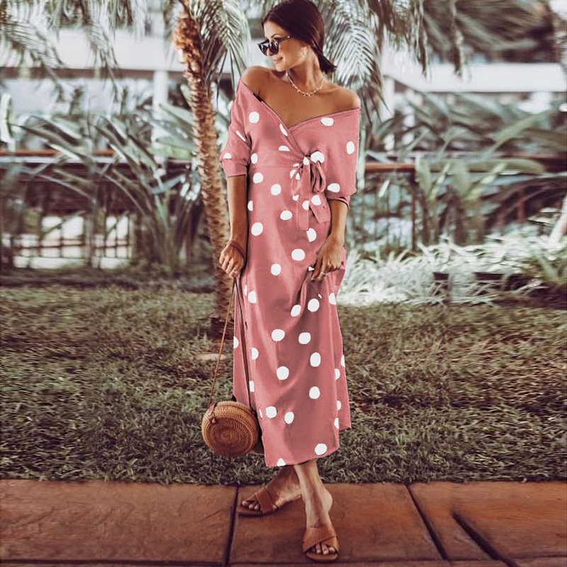 Polka Dot Print Long Sleeve V Neck Off Shoulder Dress - Image 5