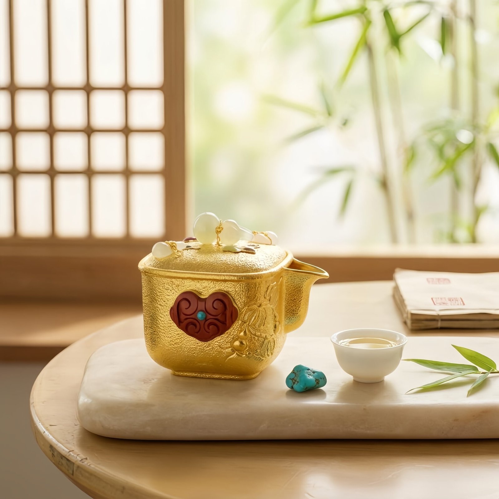 Pure 999 Fine Silver Handcrafted Gilt Square Teapot Featuring Jade Gourd Finials and Carved Cinnabar Ruyi Ornament - Handicraft