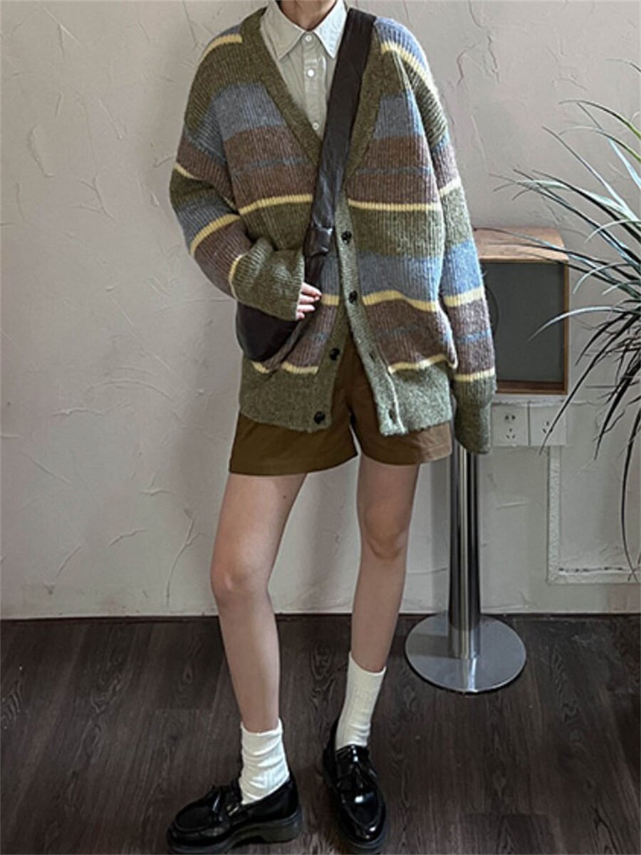 V-neck Japanese Lazy Style Retro Striped Sweater Coat Women - Image 8